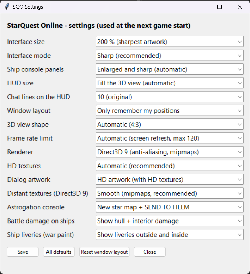 The SQO Settings window